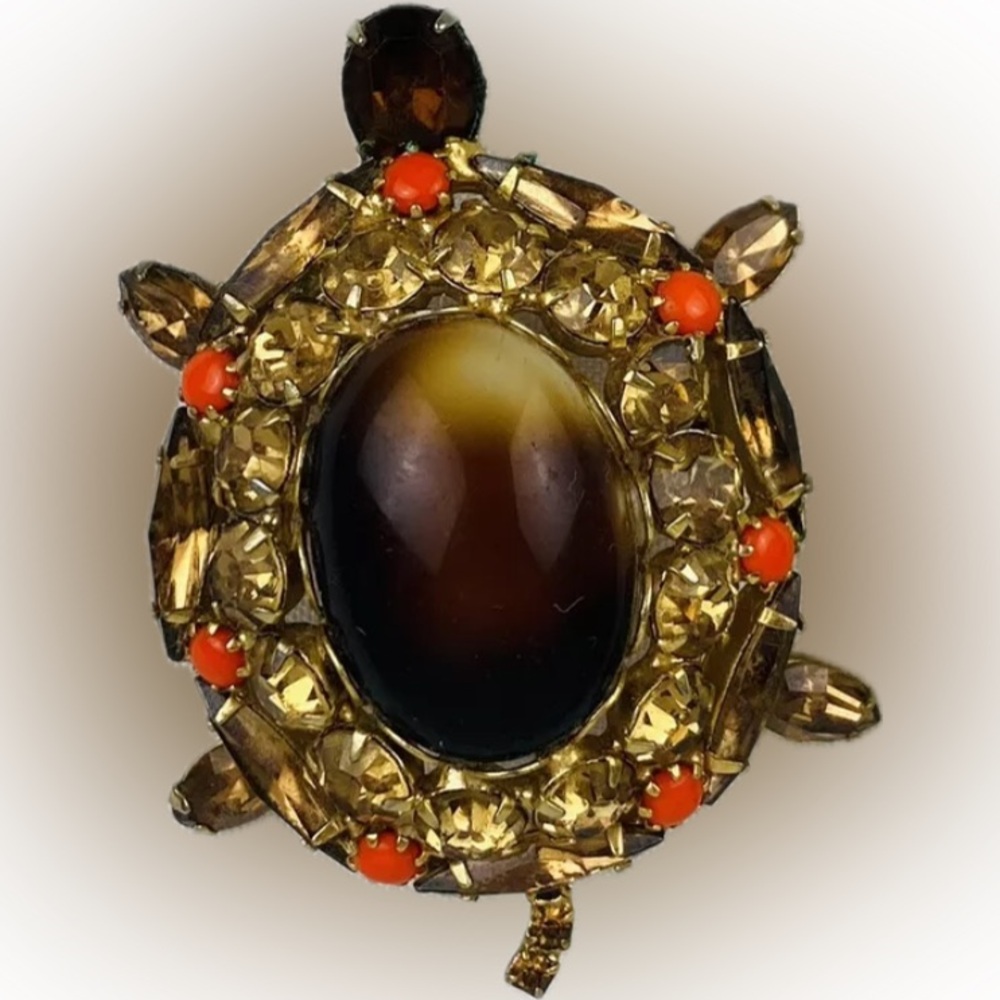 Vintage ALICE CAVINESS Topaz Citrine Coral Rhinestone Cabochon Brooch